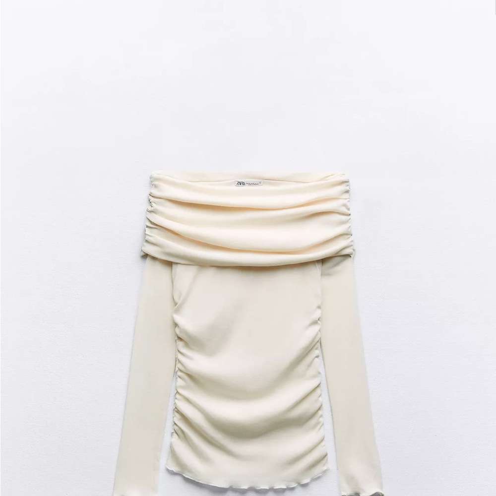 Zara Cream Ruched Off-Shoulder Blouse